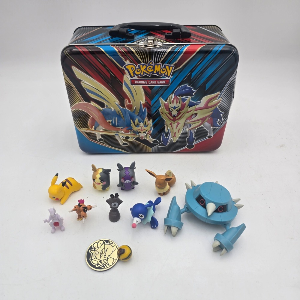 Pokemon TCG Sword & Shield Collector Chest Tin with Metagross Pikachu Figure Lot